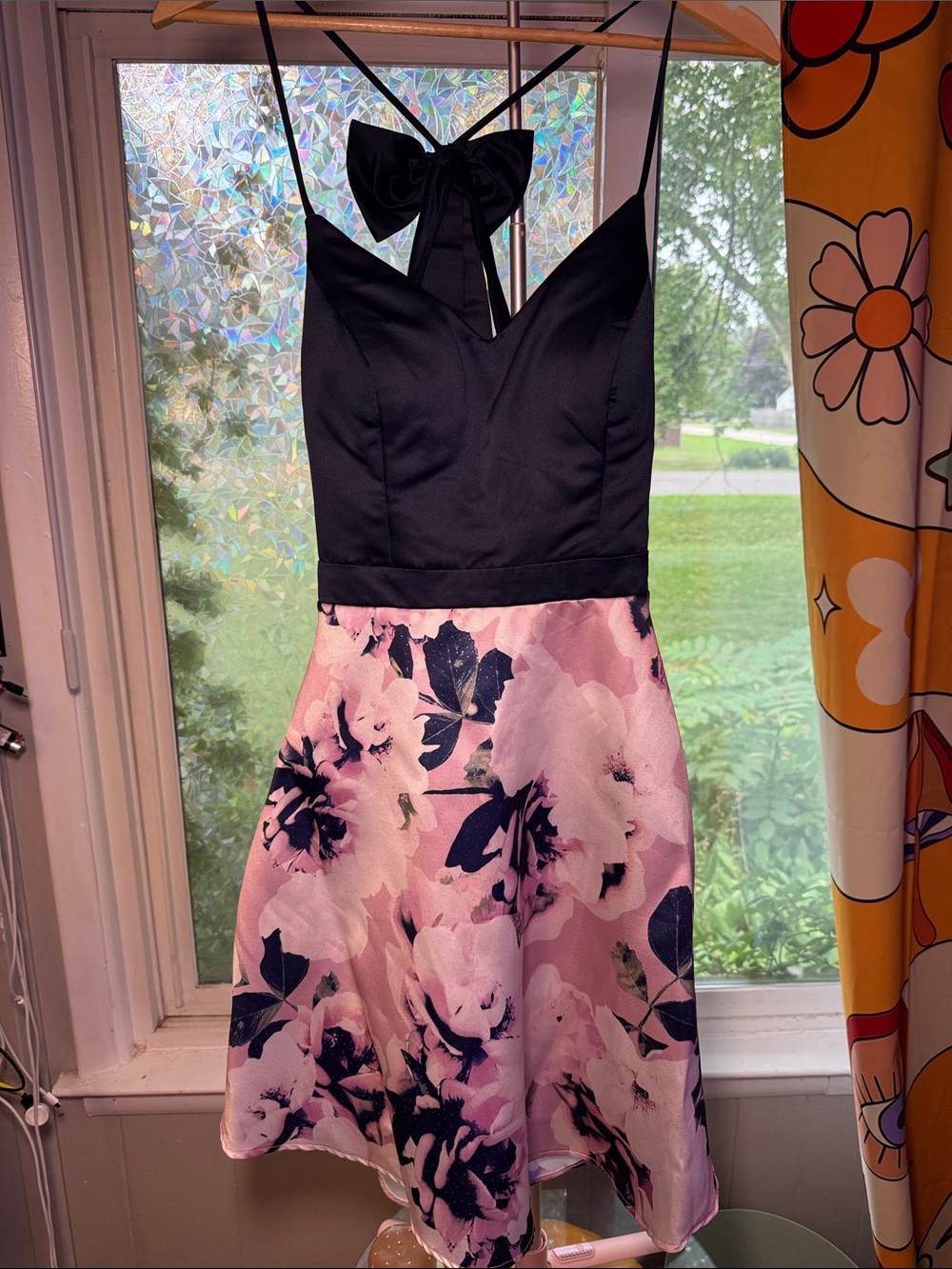 Navy & Pink Open Back BOW Dress